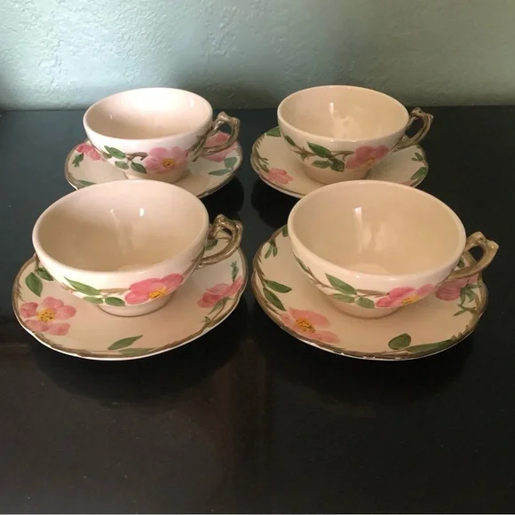 Vintage Franciscan Desert Rose Fine China 4 Cups & Saucers Pink Roses - Picture 2 of 6